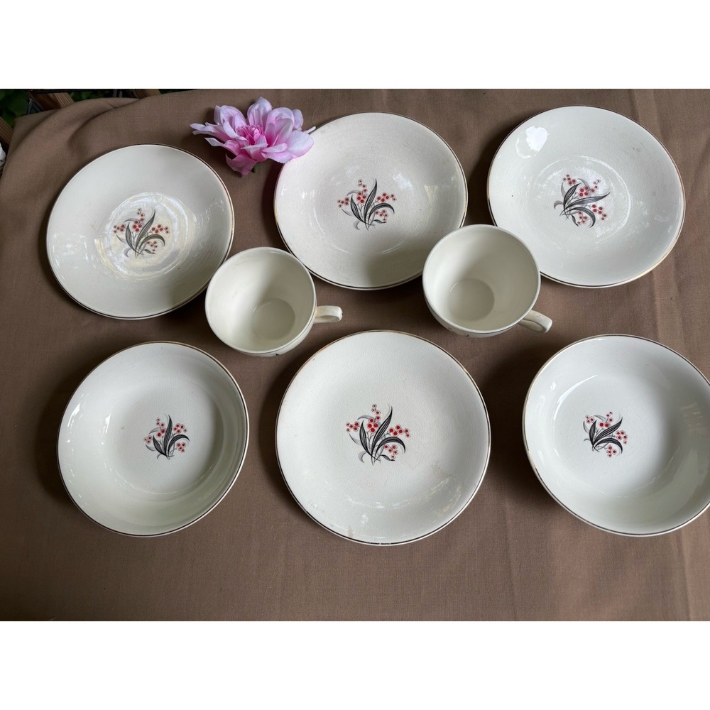 Wedgwood Set Of 8 Black Red Gold Trim VTG England Small Plates Cups Bowls